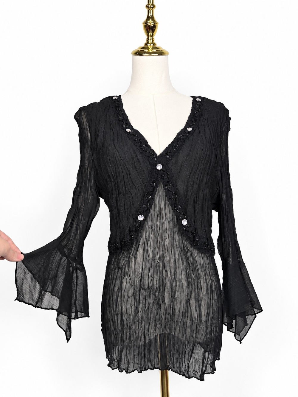 Vintage Y2K Jaipur Black Sheer Beaded Bell Sleeve Tunic Top XL Whimsigoth Gothic